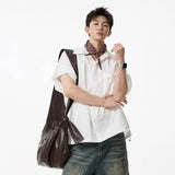 Men Lapel Collar Drop Shoulder Pocket Loose Short Sleeve Button Down Shirt