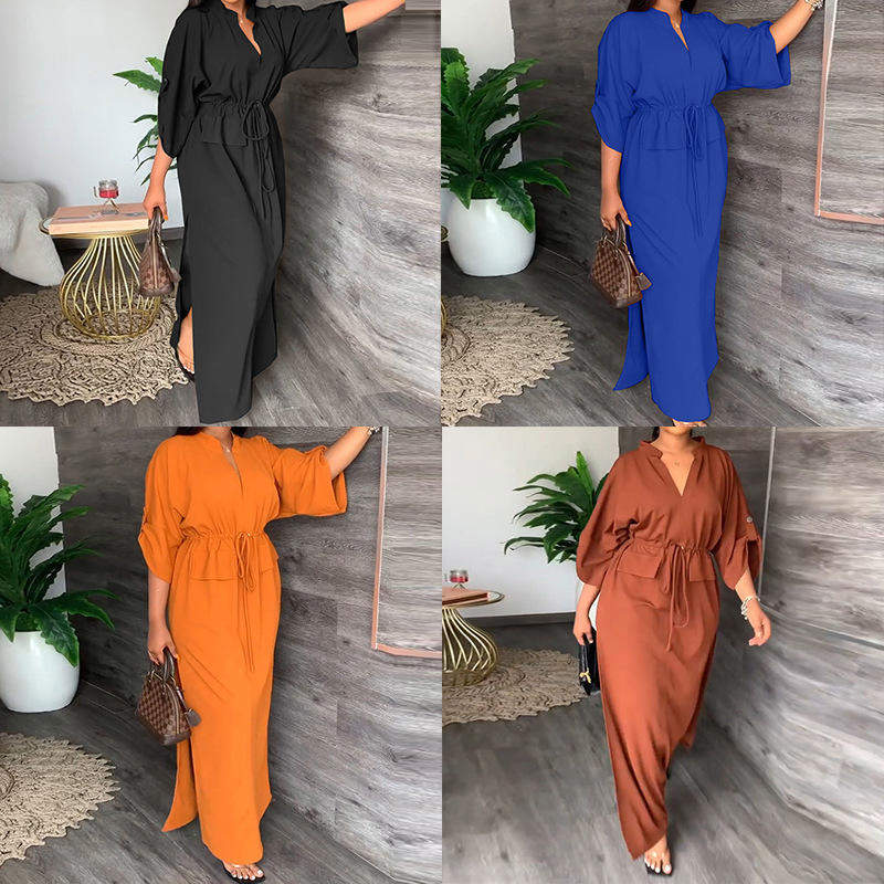 Stand Collar Drawstring Waist Side Split Long Kaftan Dress Women Loose Summer Casual Maxi Robe Dress