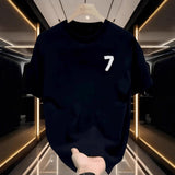 Men COTTON Back Large Number 7 Print Crew Neck Loose Short Sleeve Basic Tee Shirt