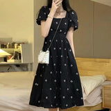 Summer New Arrival Women's Dress French Style Black Floral Long Dress Square Neck & Waist Flattering Design
