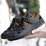 Premium Handcrafted Men's Roman Style Leather Sandals Adjustable Hook & Loop Flat Leather Sandals