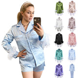 Women's 12-Color Satin Nightwear Pajamas Set Long Sleeve Shorts with Detachable Silk Feather for Summer Autumn Spring
