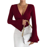 New Women's V-neck Horn Sleeve Wine Red T-shirt Fall/Winter Slim Fit Base Shirt Top