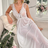 New erotic lingerie sexy mesh dot patchwork long dress transparent nightgown erotic set.