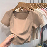 Women Square Neck Short Sleeve Seam Stitch Crop T Shirt Solid Slim Fit Curved Hem Stretch Basic Casual Daily Ladies Fitted Tees