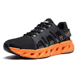 Mens Mesh Running Shoes with a Structured Side Cage and a Unique Sculptural Geometric Orange Hollow Sole for Ultimate Comfort