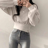 Elegant Buckle Long-sleeved Top Crewneck Loose-fit Women's Long Sleeve Top