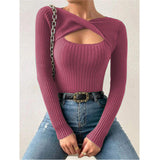Women Twisted Cross Front Cut Out Ribbed Knit Top Long Sleeve Hollow Slim Fit Solid Multi Color Stretch Casual Knitted Blouse