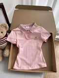 Women's Korean Style Pink Plaid Splice Slim Fit Polo Collar Short Sleeve T-shirt Summer Fashion Slimming Top