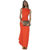Metal Bar Decor Ruched Maxi Dress Women Solid Orange Bodycon Side Slit Elegant Cocktail Evening Party Gown