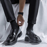 Thick Sole Height Increasing Tassels Loafers Classic Microfiber Men Dress Shoes Black Shoes