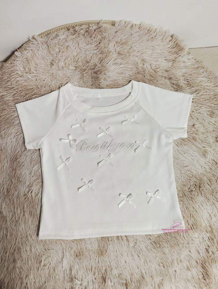 Bow Graphic Tee Embroidered Flower Tops for Women Crewneck Short-sleeved Blouse