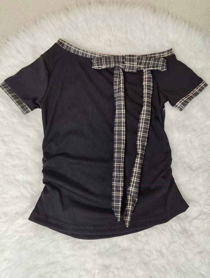 Sweet Style Patchwork Striped Tie Bow Design Short Sleeve T-shirt for Women - Summer Elegant Slim Fit Top
