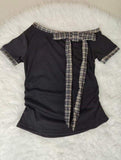 Sweet Style Patchwork Striped Tie Bow Design Short Sleeve T-shirt for Women - Summer Elegant Slim Fit Top
