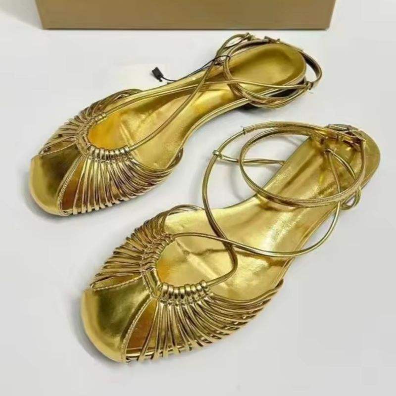 Elegant Metallic Gold Strappy Flat Sandals Round Toe Ankle Wrap Casual Summer Flat Shoes for Women