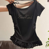 Women's Gray Rhinestone Print T-Shirt, Lace Trim Layered Short Sleeve Tee with Drawstring