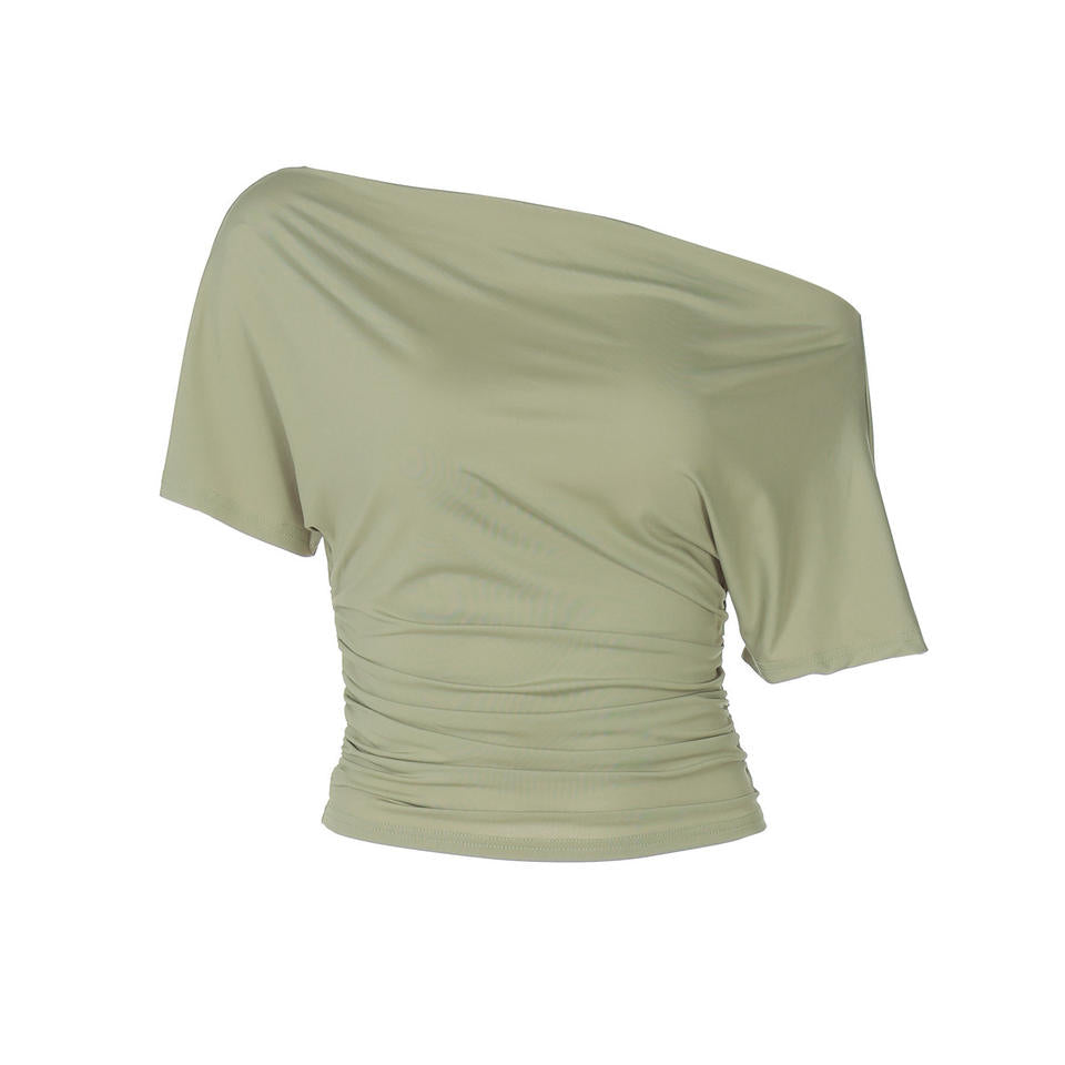 Off Shoulder Batwing Short Sleeve Top Women Draped Ruched Waist Slim Fit Casual Blouse