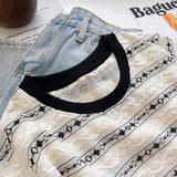 Women's Vintage Star Chain Striped T Shirt Contrast Black Collar Short Sleeve Casual Blouse Ladies Daily Basic Tee Shirts