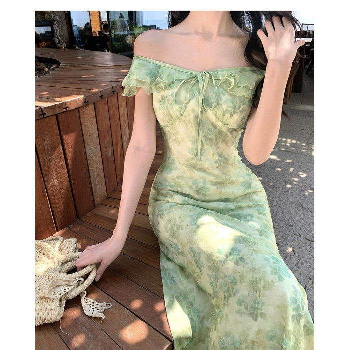 Summer Women Green Floral Print Ruffle Cap Sleeve Maxi Dress V Neck Front Tie Slim Fit Mermaid Hem Long Dress