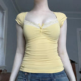 French Style Yellow Lace Patchwork Button-down T-shirt Women's New Sexy Sweet Spicy Slim Fit Short Top