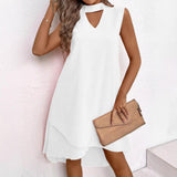 Women Solid Sleeveless Shift DressCutout Front Layered Irregular Hem Mini Dress Elegant Office Casual Party Tunic Dress