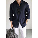 Men Light Blue Long Sleeve Shirt Breathable Casual Loose Fit Solid Shirt