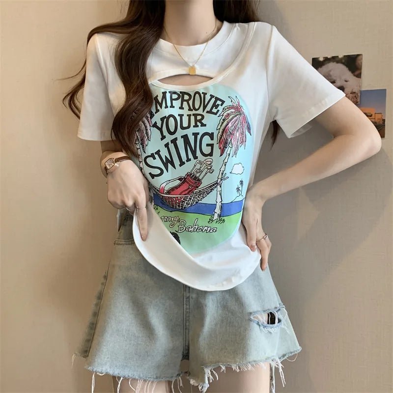 2XL 3XL 4XL Plus Size Hollow - out Design Short - sleeved T-shirt Women's Slimming Hot Girl Style Top for Women - Zeprah