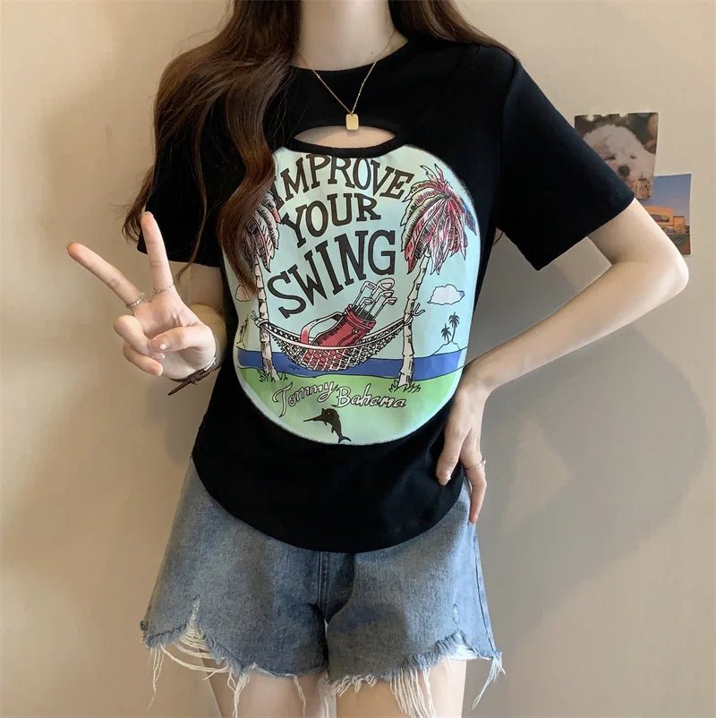 2XL 3XL 4XL Plus Size Hollow - out Design Short - sleeved T-shirt Women's Slimming Hot Girl Style Top for Women - Zeprah