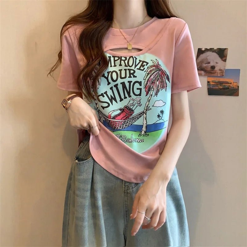 2XL 3XL 4XL Plus Size Hollow - out Design Short - sleeved T-shirt Women's Slimming Hot Girl Style Top for Women - Zeprah