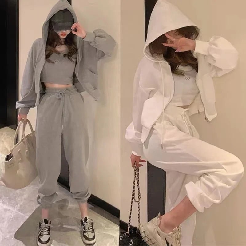 3 Piece Set Solid Color Casual Women's Sports 3 - piece Outdoor Loose Zipper Jacket Slim Fit Trouser Set - Zeprah