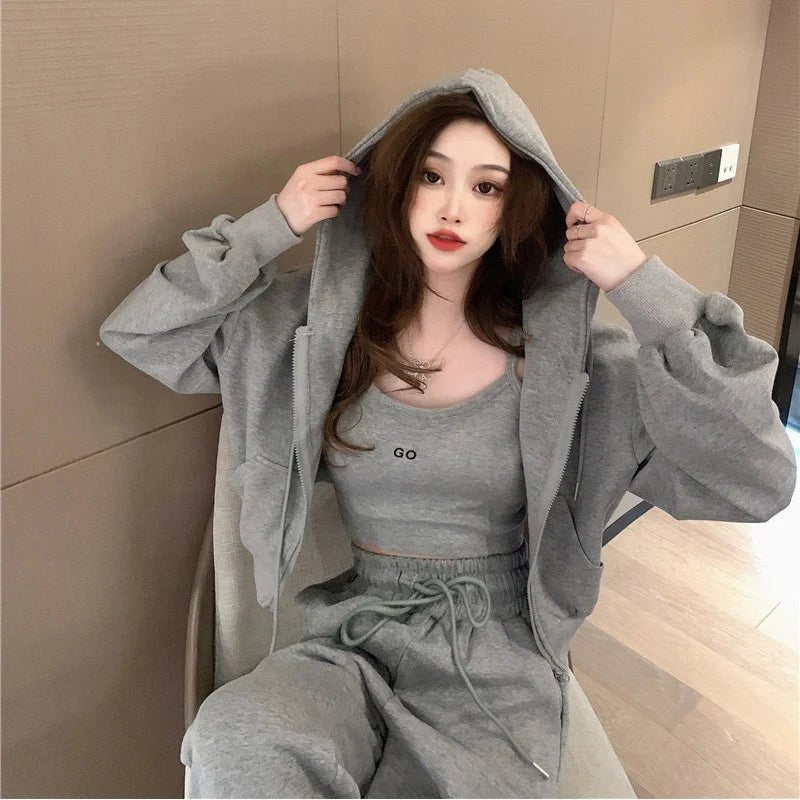 3 Piece Set Solid Color Casual Women's Sports 3 - piece Outdoor Loose Zipper Jacket Slim Fit Trouser Set - Zeprah