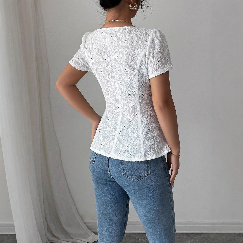2026 New Arrival Women's Lace T-shirt with Square Neck & Peplum Hem