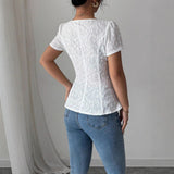 2026 New Arrival Women's Lace T-shirt with Square Neck & Peplum Hem