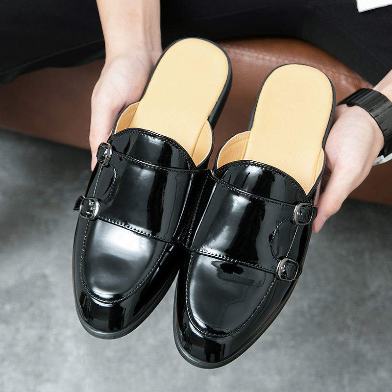 Closed Toe Men Mules PU Leather Monk Strap Design Backless Half Loafers Men Home Slippers