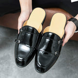Closed Toe Men Mules PU Leather Monk Strap Design Backless Half Loafers Men Home Slippers
