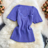 Summer Spice Girl Style Short T-Shirt Short-sleeved Design Sense Niche Square Collar-necked Wome's Knit Top
