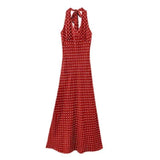 Women Burgundy White Polka Dot Maxi Dress Halter V Neck Tie Back Open Back Slim Bodycon Long Dress Vintage Summer Sundress