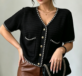 Ice Silk Graphic Tee V-neck Tops for Women Trendy Knitted Cardigan