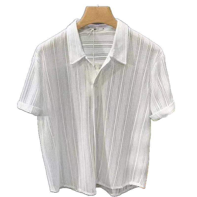 2026 New Arrival Mens Sheer Mesh Short Sleeve Shirt Hollow Out See Through Lapel Fashion Breathable Transparent Shirts