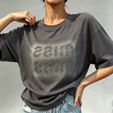 Women Gradient Full Rhinestone Reversed Letter Short Sleeve T Shirt Oversized Loose Sparkle Diamond Soft Casual Graphic Tee Tops