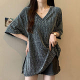2XL 3XL 4XL Plus Size Design Slit V-neck Short-sleeved T-shirt Women's 2025 Summer New Loose Slimming Women's Top