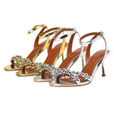 Metal Decoration Gold Silver Studs Elegant Party Summer Open Toe Heeled Sandals for Club Evening