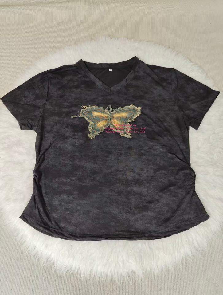 New Design Summer Short-sleeved T-shirt Women's Butterfly Embroidered Denim Pic Design Unique Tops for Women