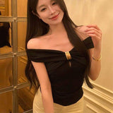 Women's White Off Shoulder Top, Sexy One Shoulder Short Sleeve T-Shirt