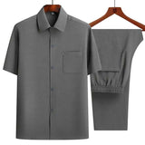Men's Short Sleeve Shirt + Long Pants Suits Summer Clothes Lapel Button Solid Color 2 Piece Set Breathable Men's Casual Suits