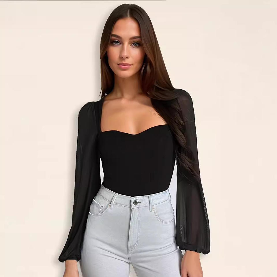 Women Sweetheart Neck Mesh Puff Long Sleeve Ribbed Bodysuit Slim Fit Bodycon Elegant Party Ladies Bodysuit Tops