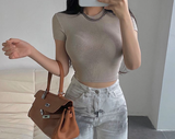 Women's Summer Basic Style Small Round Neck Short Style Exposed Navel T-shirt Elastic Tight Short Sleeved Base Top