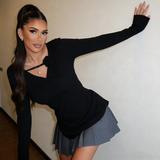 Plus Size Women's V-Neck Flower Long Sleeve T-shirt Knitted Women's Long-sleeved T-shirt