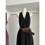 Women V Neck Halter Sleeveless Midi Dress With Matching Belt Solid A-Line Flowy Long Sundress Casual Elegant Ladies Dress