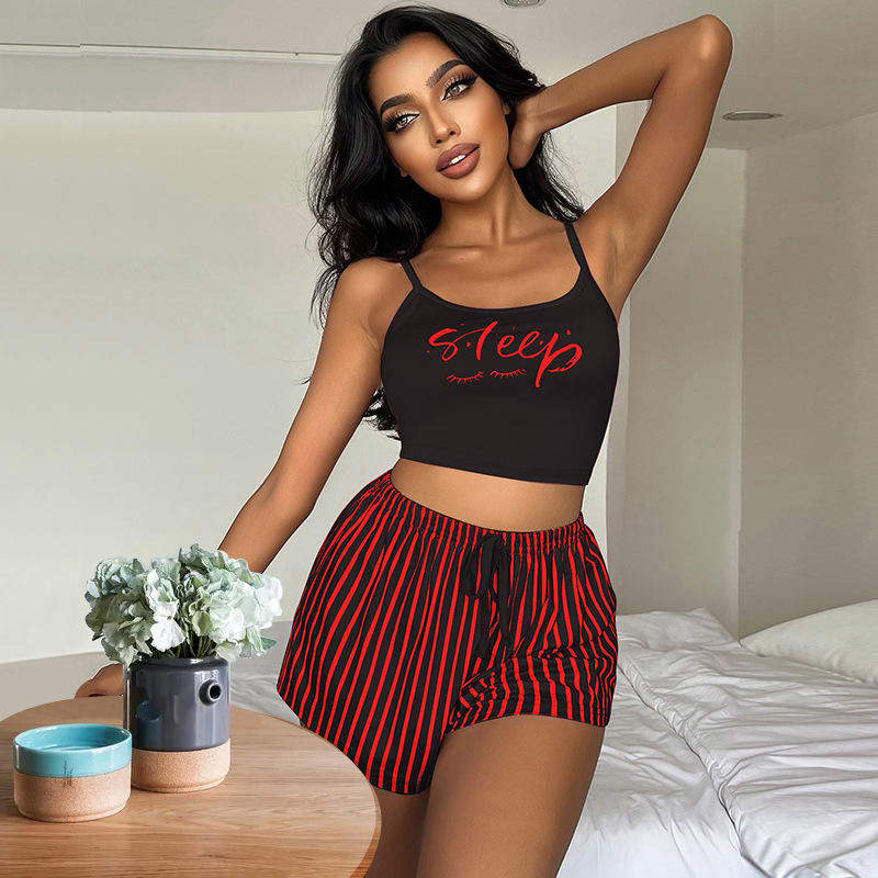 Women's Summer Casual Spaghetti Strap Pajama Set-Elastic Waist Shorts Loungewear (Wearable Outdoors)